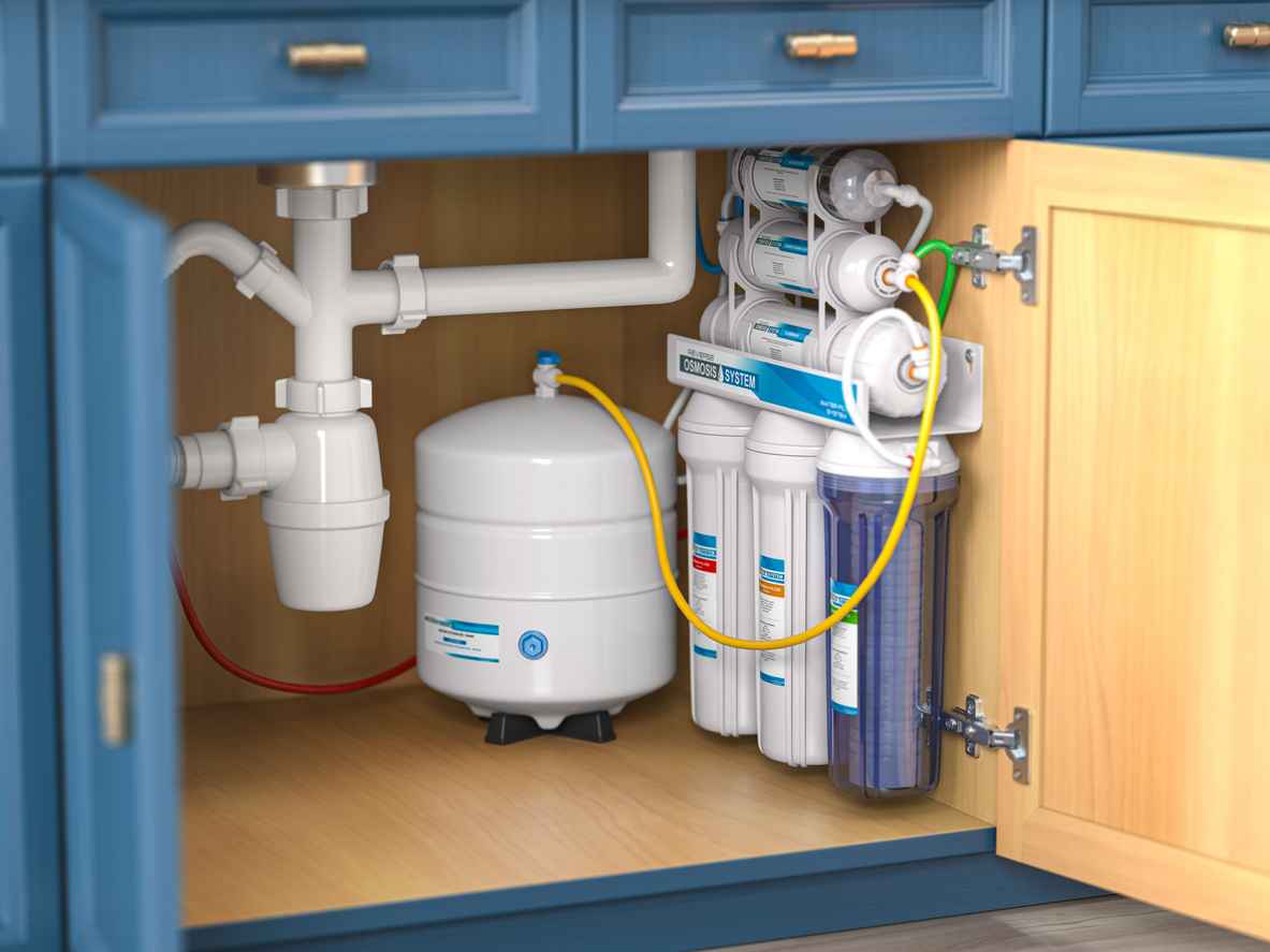 Reverse osmosis water purification system under sink in a kitchen